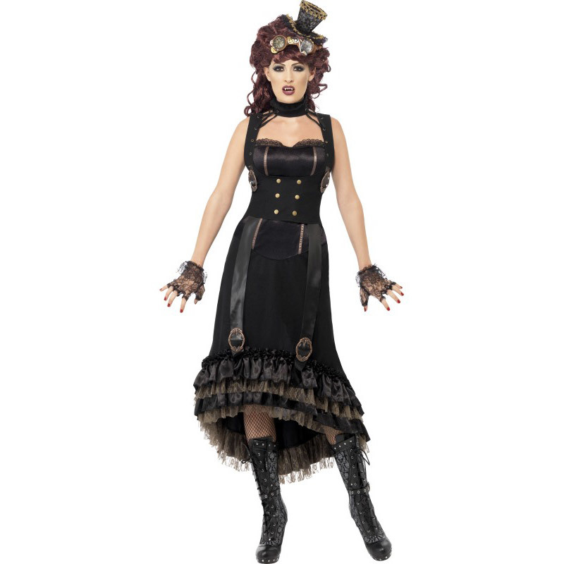 Steam Punk Vamp Costume Black Dress with Mock Waist Cincher and Buckle Detail