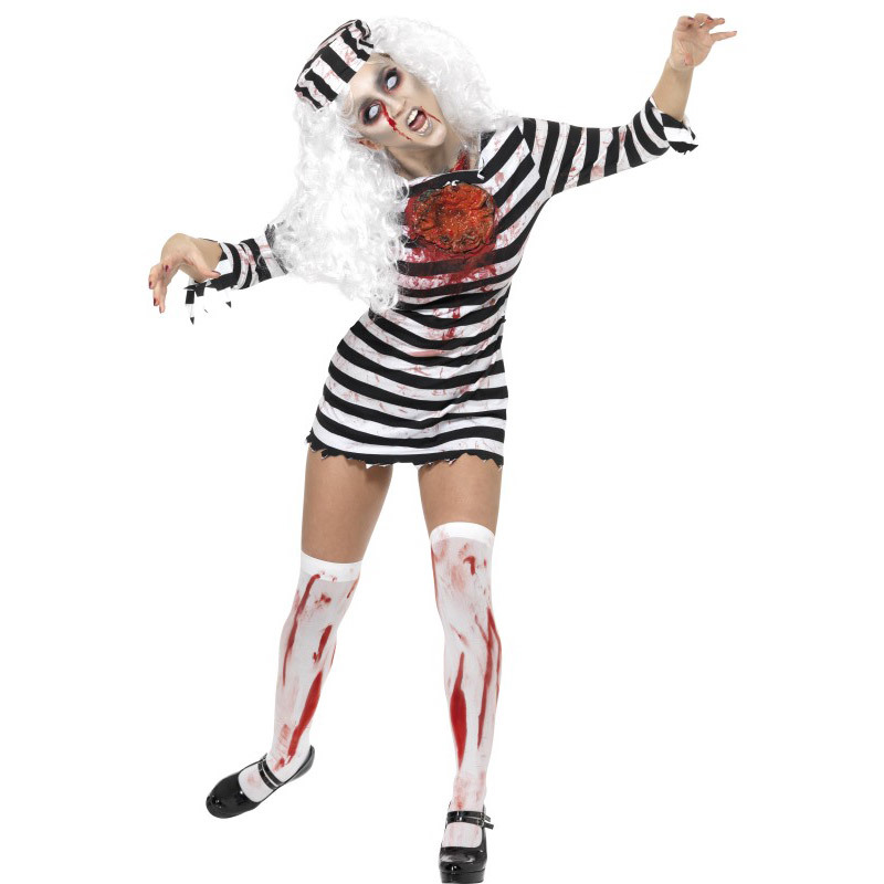 Zombie Convict Costume Black ＆ White with Dress Latex Piece ＆ Hat