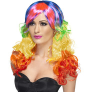 Rainbow Curl Wig Multi-Coloured Long with Fringe