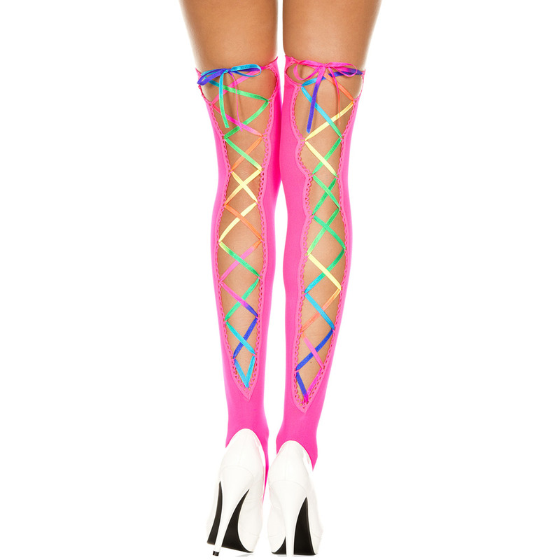 Rainbow ribbon lacing opaque stockings