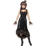 Steam Punk Vamp Costume Black Dress with Mock Waist Cincher and Buckle Detail