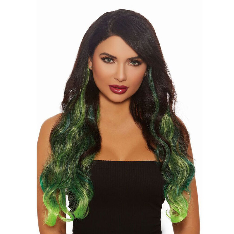 LONG CURLY BLACK/TEAL/NEON GREEN MIX OMBRÉ THREE-PIECE HAIR EXTENSIONS