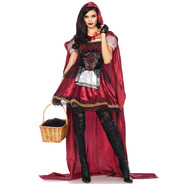 2PC.Captivating Miss Red，satin and velvet dress，floor length hooded cape