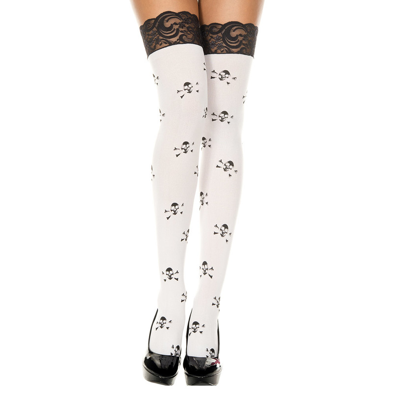 Lace top skull print opaque thigh hi
