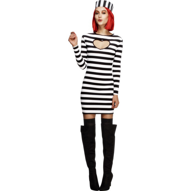 Fever Convict Costume Black ＆ White with Dress and Hat