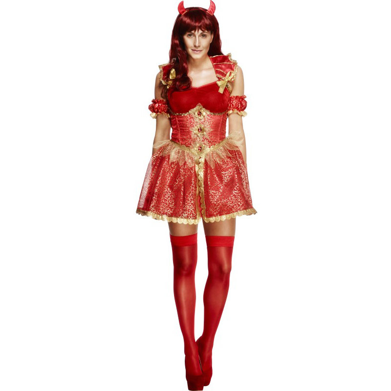 Fever Deluxe Devil Costume Red Dress Corset Overskirt Collar Horns ＆ Sleeves