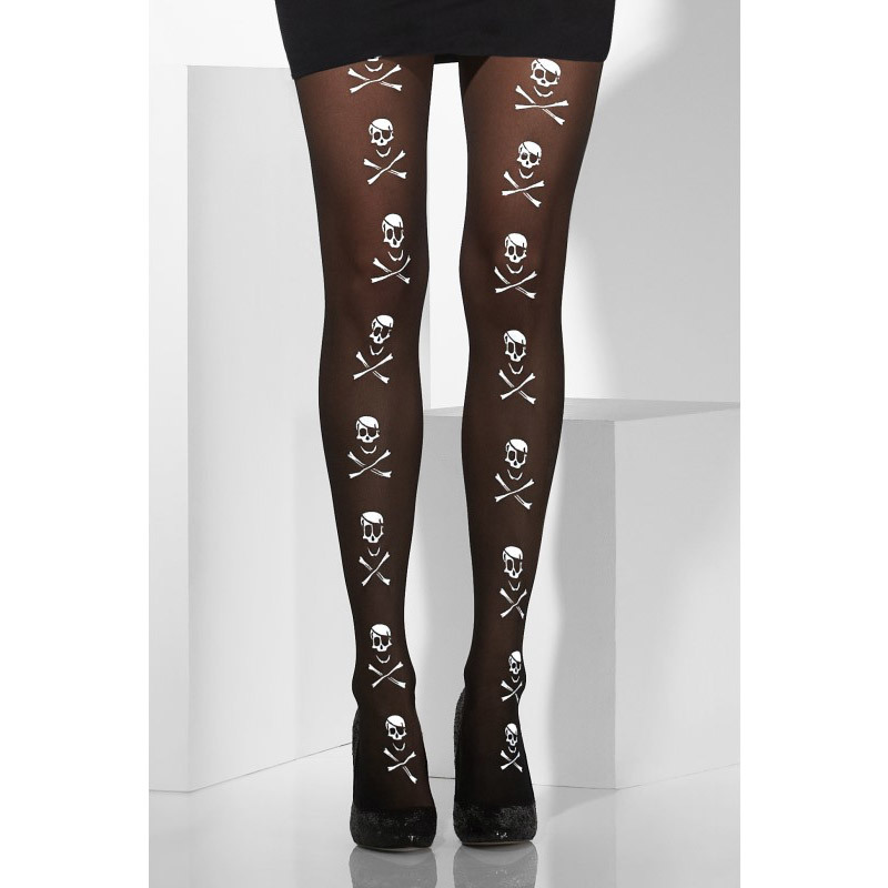 Sheer Tights Black Skull and Crossbones Print