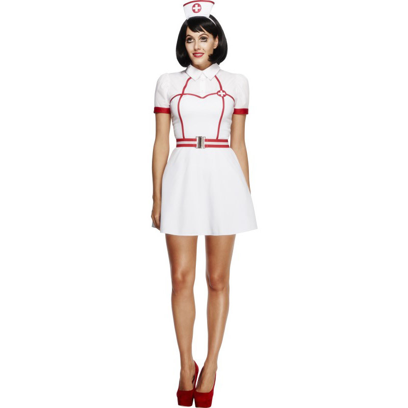 Fever Bed Side Nurse Costume with Dress White Attached Underskirt Belt and Headpiece