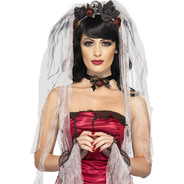 Gothic Bride Kit Black with Rose and Skull Veil Choker and Gloves